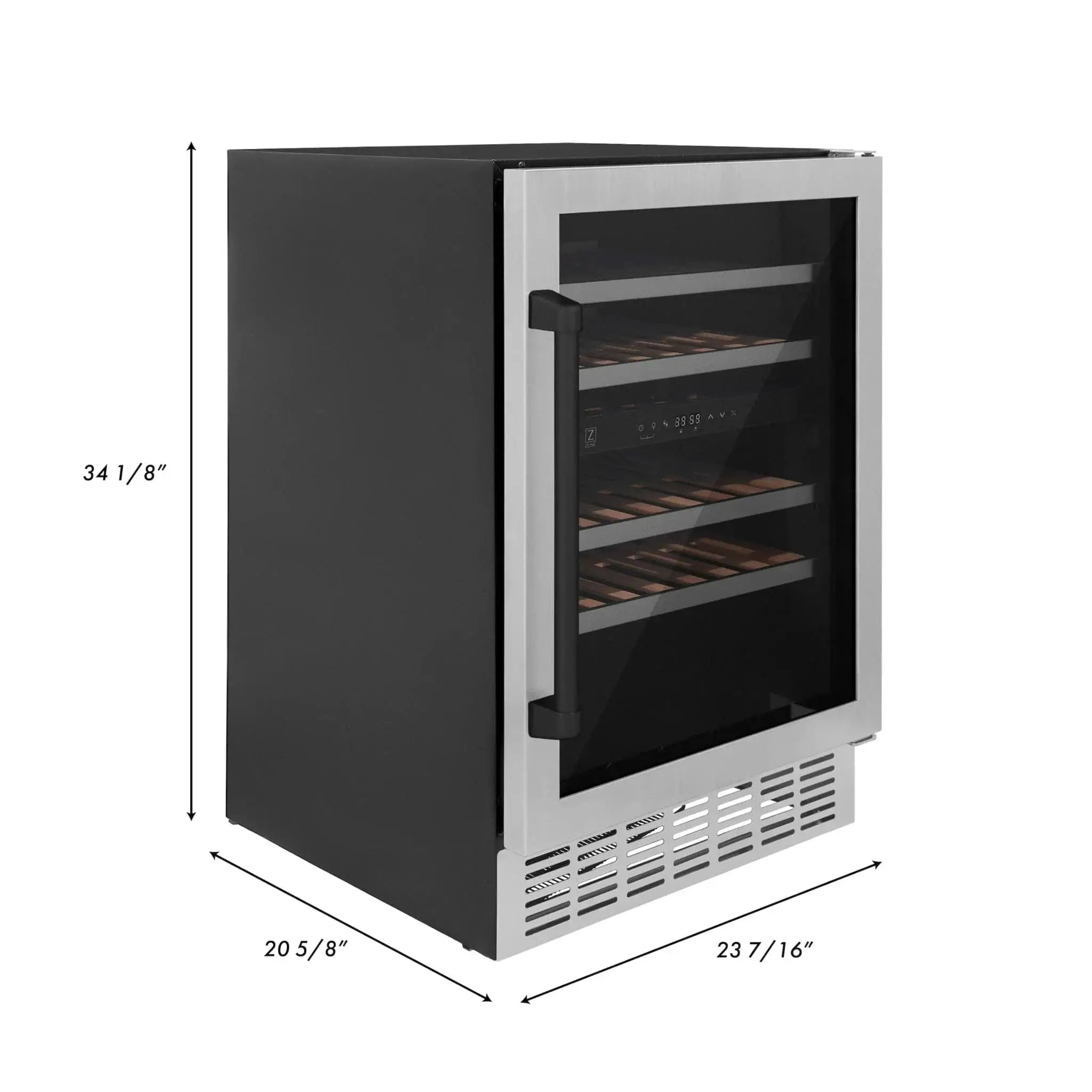 ZLINE 24" Autograph Edition Dual Zone 44-Bottle Wine Cooler in Stainless Steel with Wood Shelf and Matte Black Accents RWVZ-UD-24-MB by Farmhouse Kitchen and Bath