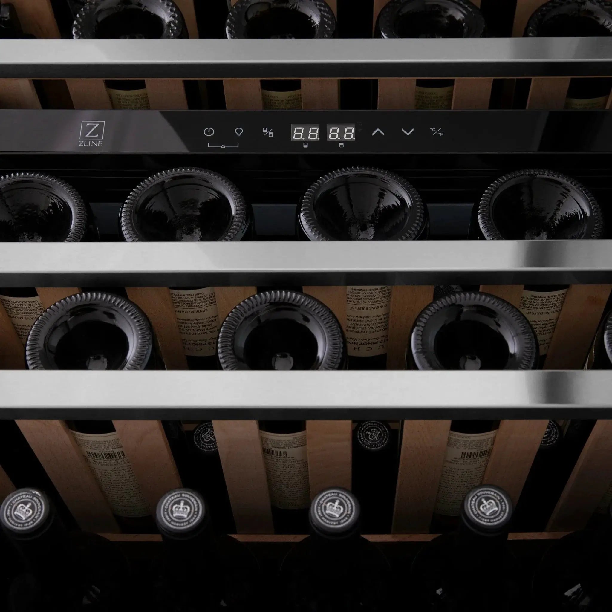 ZLINE 24" Dual Zone 44-Bottle Wine Cooler in Stainless Steel with Wood Shelf RWV-UD-24 by Farmhouse Kitchen and Bath