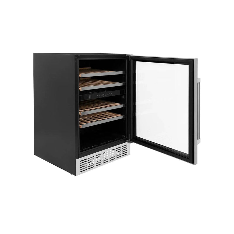 ZLINE 24" Dual Zone 44-Bottle Wine Cooler in Stainless Steel with Wood Shelf RWV-UD-24 by Farmhouse Kitchen and Bath