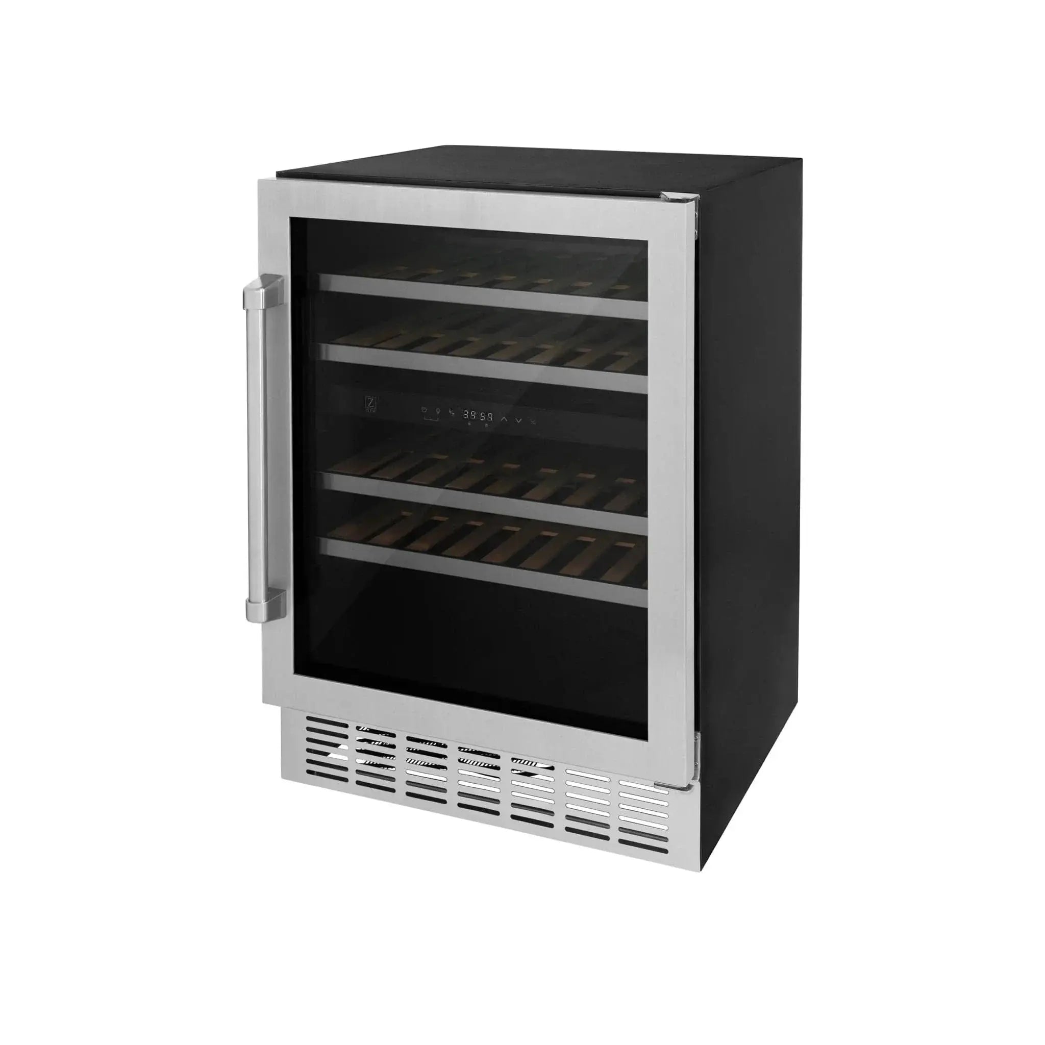 ZLINE 24" Dual Zone 44-Bottle Wine Cooler in Stainless Steel with Wood Shelf RWV-UD-24 by Farmhouse Kitchen and Bath