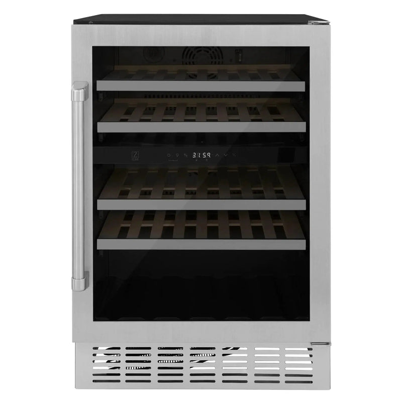 ZLINE 24" Dual Zone 44-Bottle Wine Cooler in Stainless Steel with Wood Shelf RWV-UD-24 by Farmhouse Kitchen and Bath
