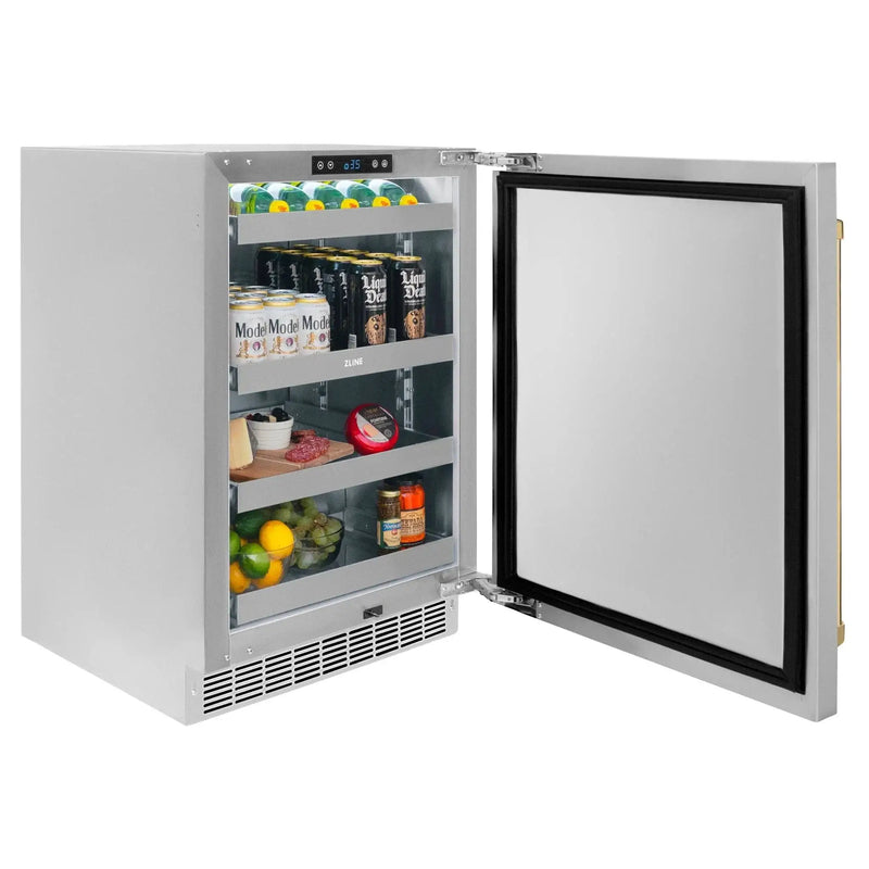 ZLINE 24 in. Touchstone Beverage Fridge, Solid Stainless Door, Polished Gold Handle RBSOZ-ST-24-G by Farmhouse Kitchen and Bath