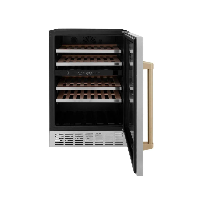 ZLINE 24" Monument Autograph Edition Dual Zone 44-Bottle Wine Cooler in Stainless Steel with Champagne Bronze Accents RWVZ-UD-24-CB by Farmhouse Kitchen and Bath