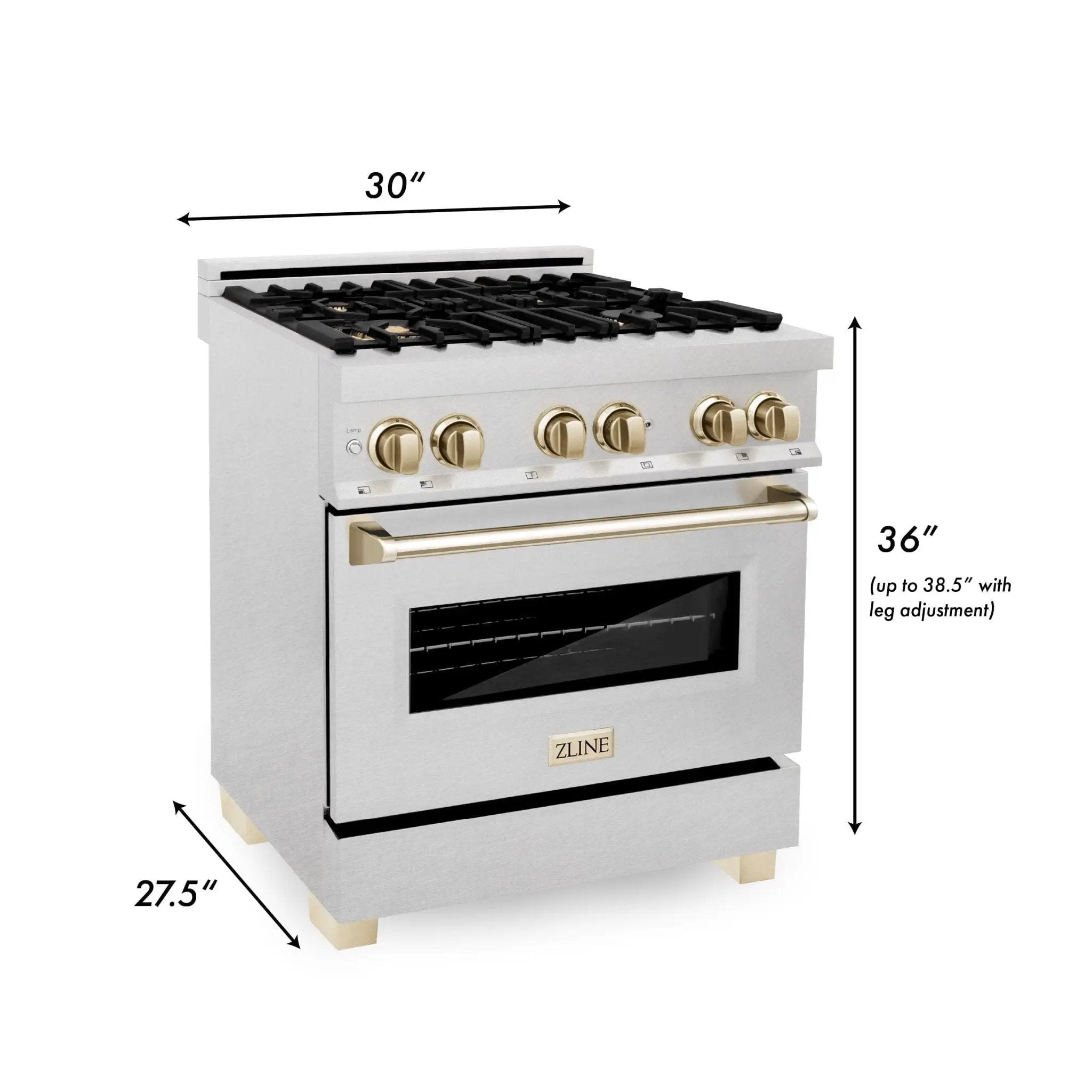 ZLINE 30" Autograph Dual Fuel Range, DuraSnow Stainless, Gold, RASZ-SN-30-G by Farmhouse Kitchen and Bath