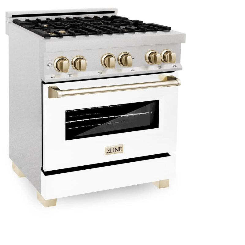 ZLINE 30" Autograph, Dual Fuel Range, White Door, Gold, RASZ-WM-30-G by Farmhouse Kitchen and Bath