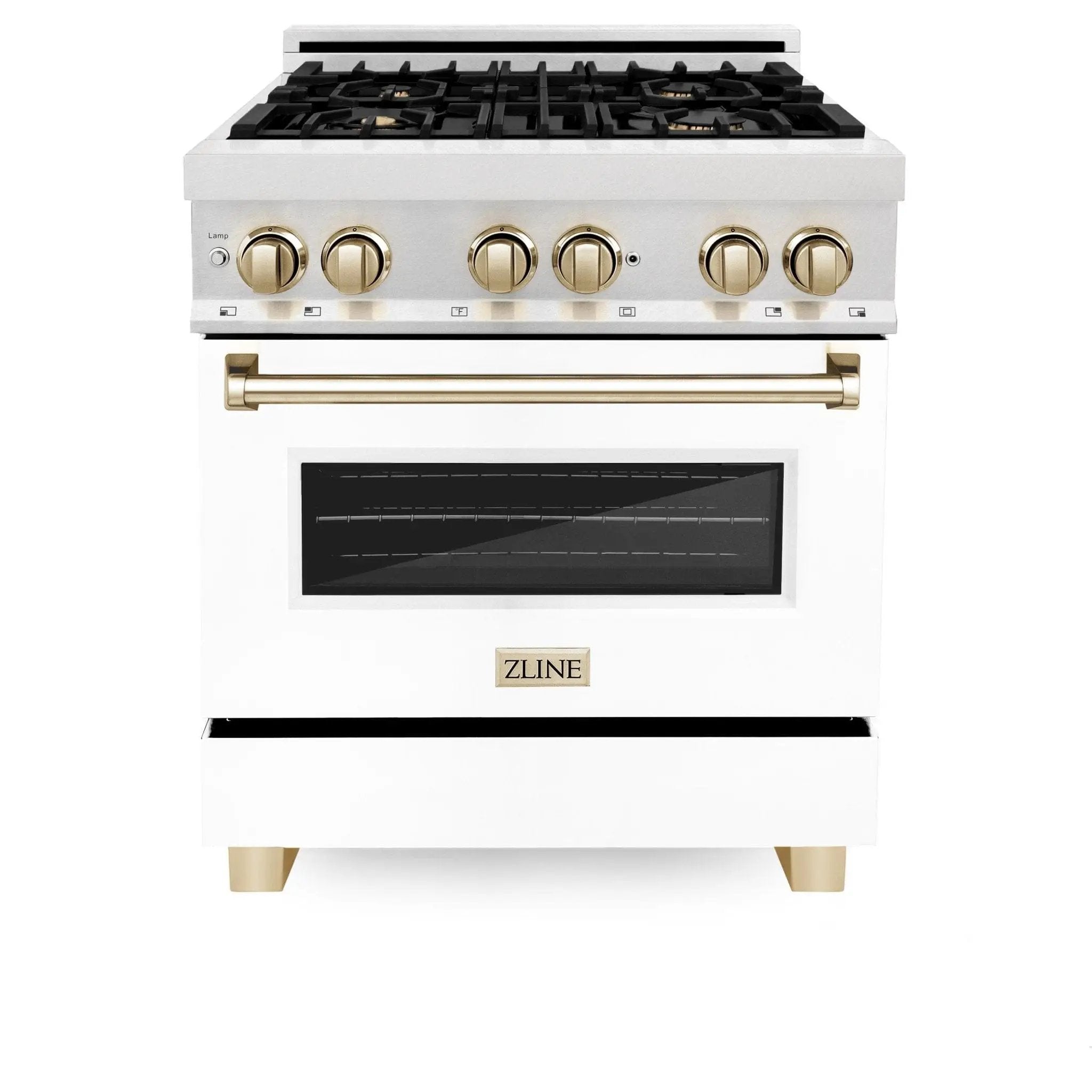 ZLINE 30" Autograph, Dual Fuel Range, White Door, Gold, RASZ-WM-30-G by Farmhouse Kitchen and Bath