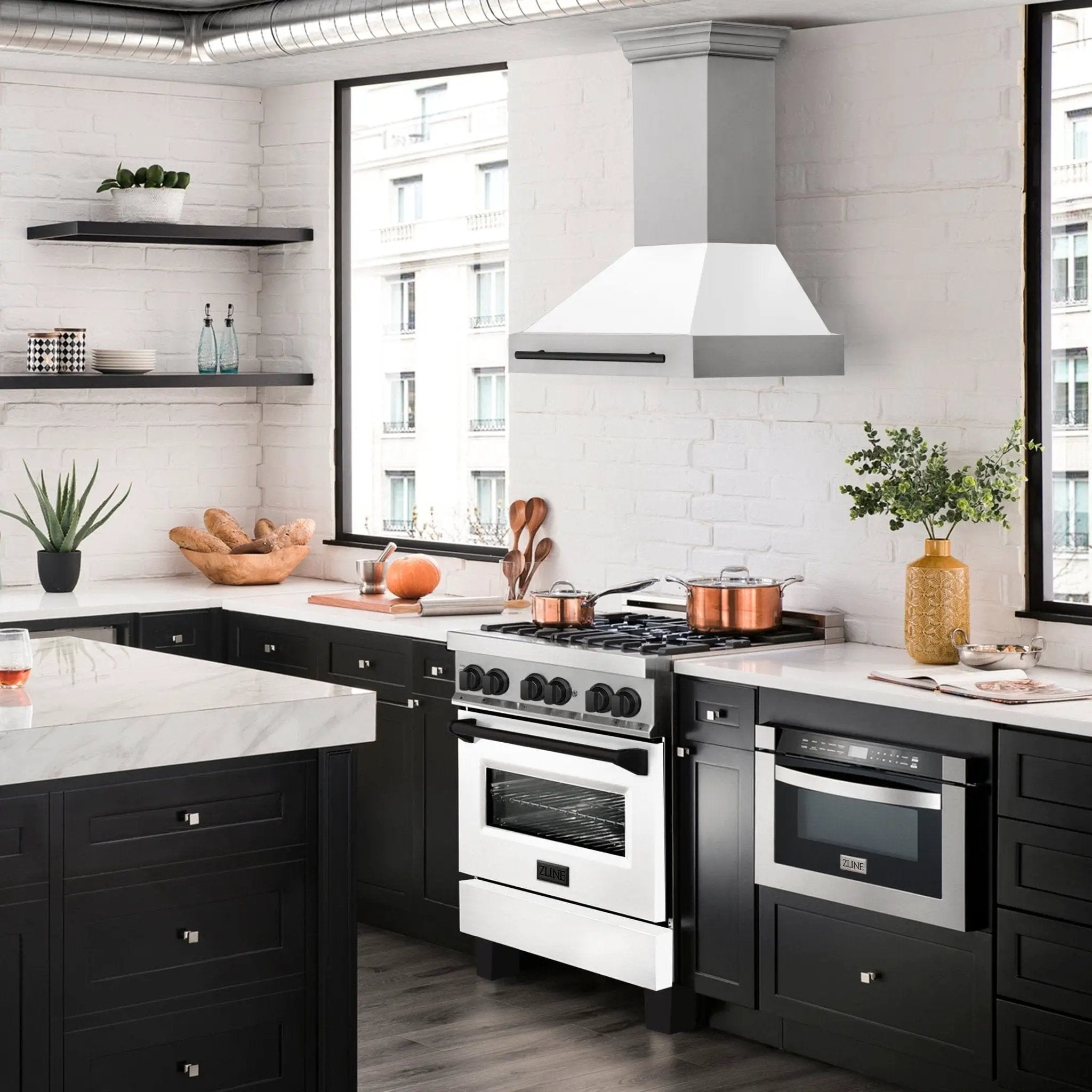 ZLINE 30" Autograph Stainless Wall Range Hood, White, 8654STZ-WM30-MB by Farmhouse Kitchen and Bath