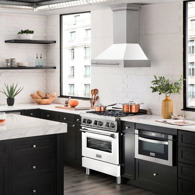ZLINE 30" Autograph Stainless White Wall Range Hood, 8654STX-WM-30 by Farmhouse Kitchen and Bath