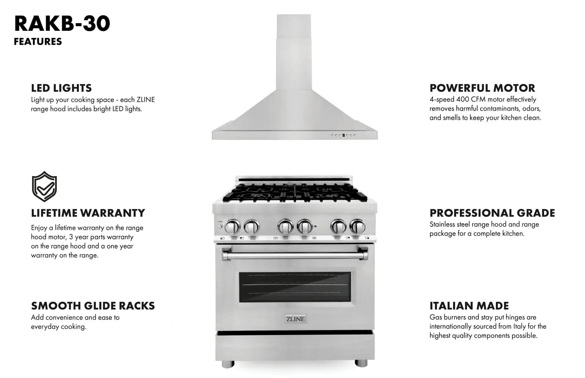 ZLINE 30" Bundle Range RA30 & Wall Range Hood KB-30, 2KP-RARH30 by Farmhouse Kitchen and Bath