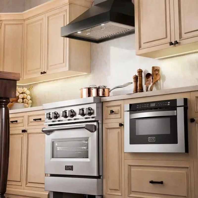 ZLINE 30" Designer Series Wooden Wall Range Hood in Black, KBCC-30 by Farmhouse Kitchen and Bath