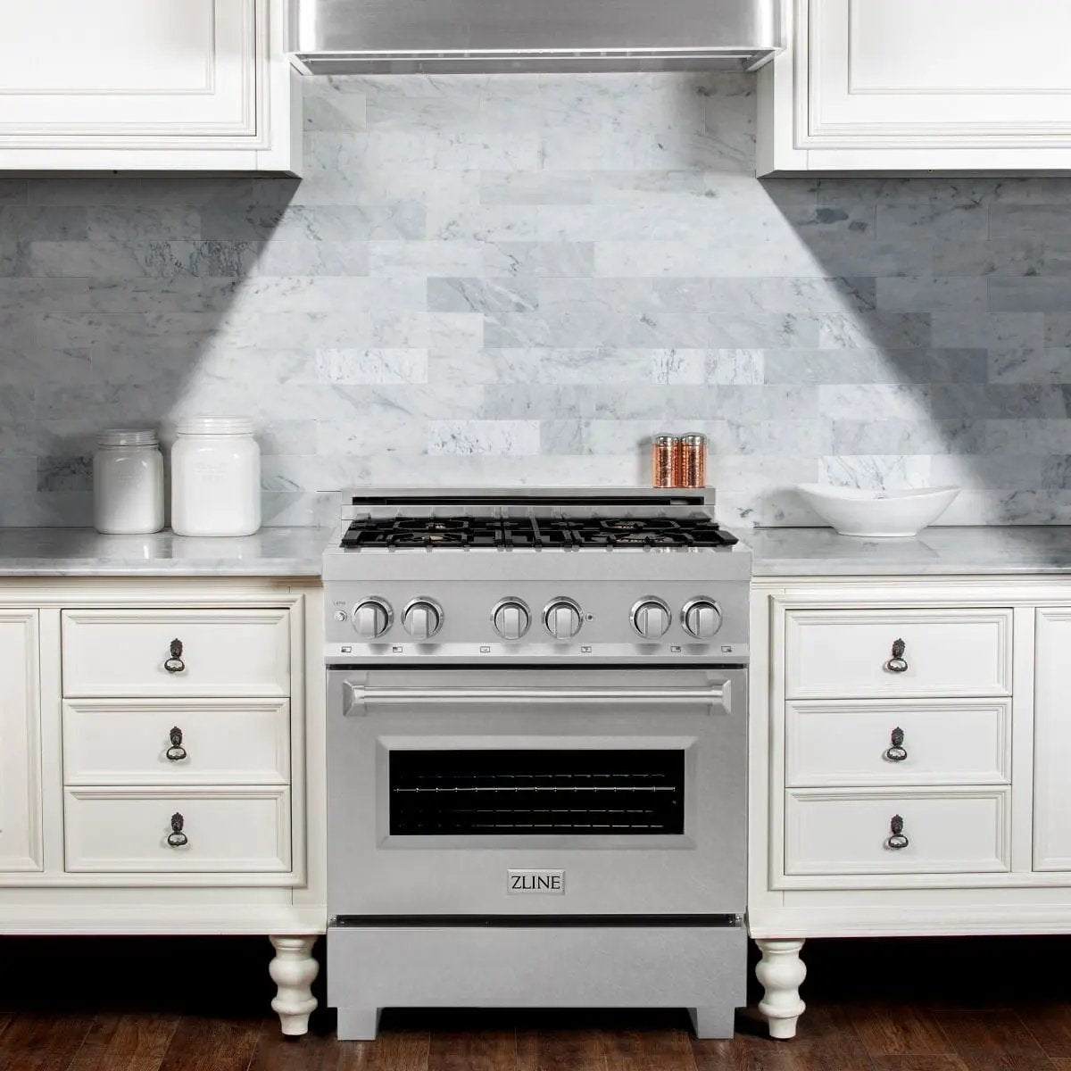 ZLINE 30" Dual Fuel Range, DuraSnow, Stainless, Brass Burners, RAS-SN-BR-30 by Farmhouse Kitchen and Bath