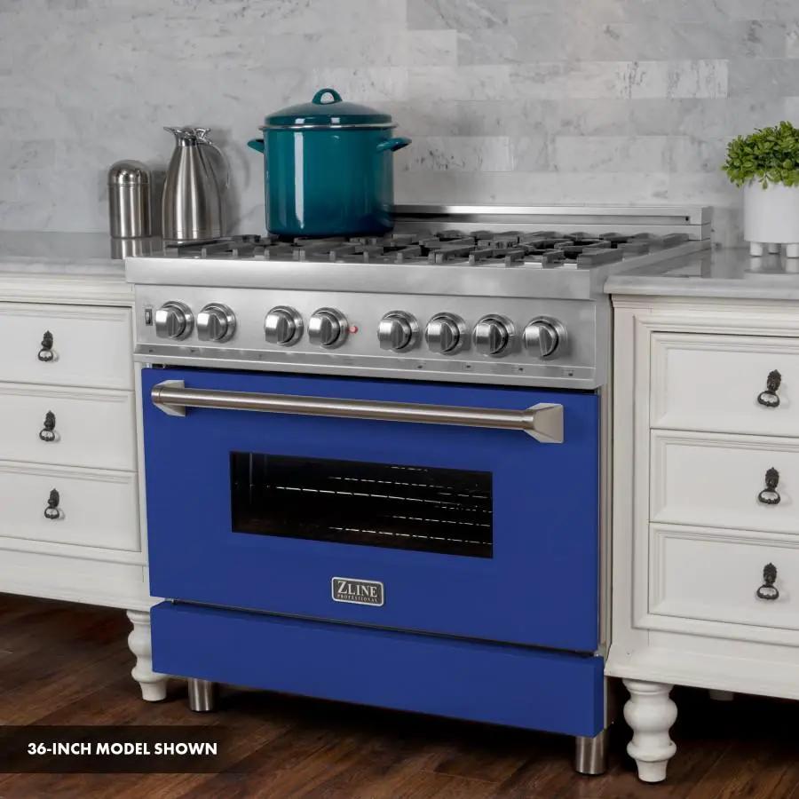ZLINE 30" Professional Dual Fuel Range, Snow Stainless, Blue Matte Door, RAS-BM-30 by Farmhouse Kitchen and Bath