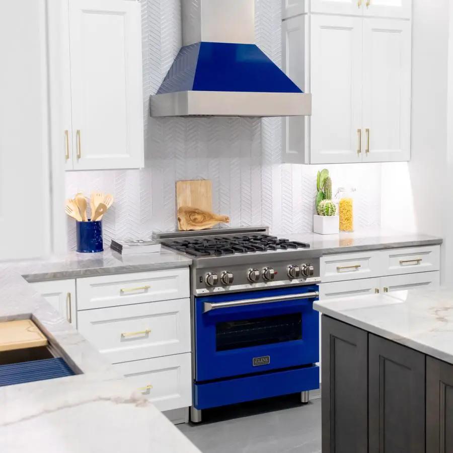 ZLINE 30" Snow Finish Wall Range Hood, Blue Gloss Shell, 8654BG-30 by Farmhouse Kitchen and Bath