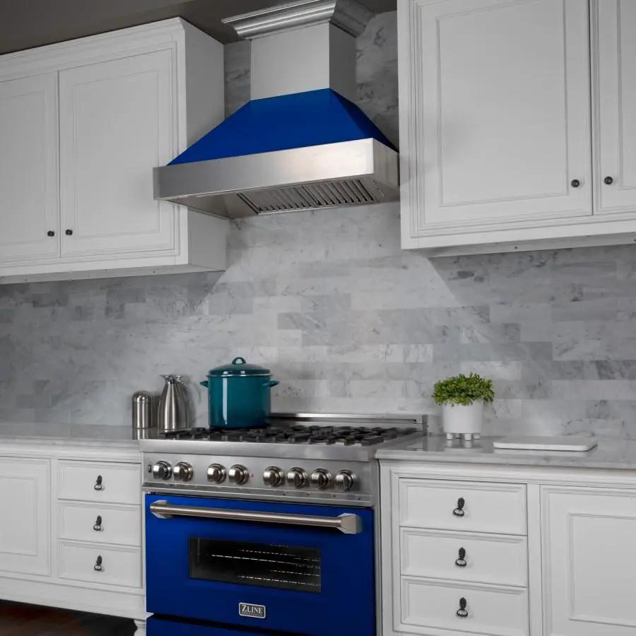 ZLINE 30" Snow Finish Wall Range Hood, Blue Gloss Shell, 8654BG-30 by Farmhouse Kitchen and Bath
