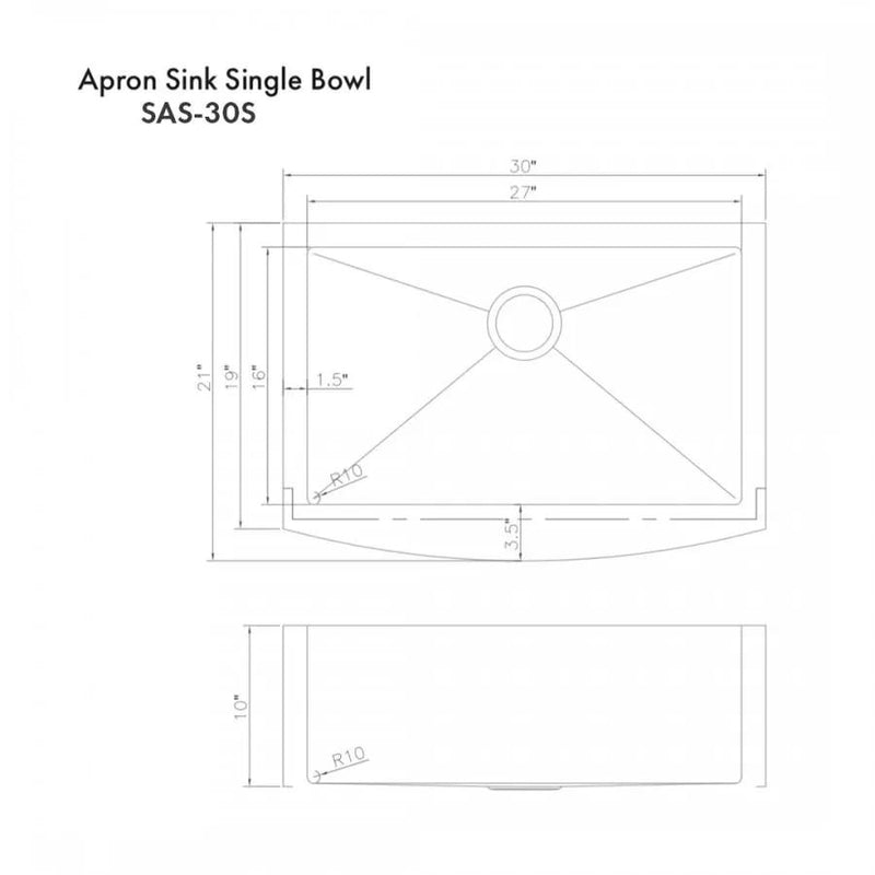 ZLINE 30" Undermount Single Bowl Apron Sink Stainless Steel, SAS-30S by Farmhouse Kitchen and Bath