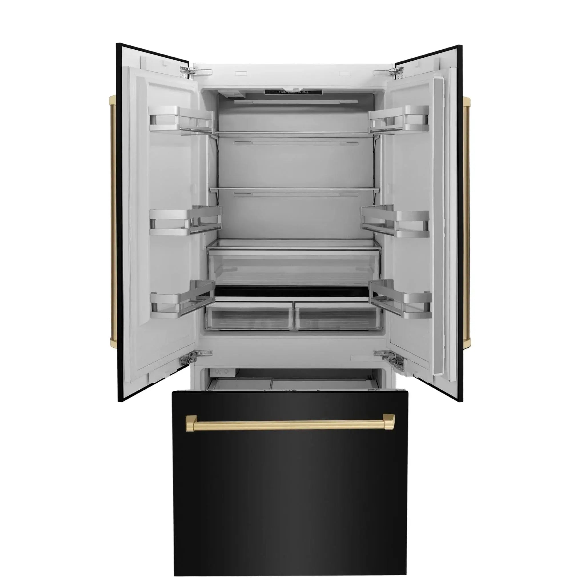 ZLINE 36" Autograph 19.6 cu. ft. 3-Door French Door Fridge Water/Ice Dispenser Black Stainless Steel Champagne Bronze Accents RBIVZ-BS-36-CB by Farmhouse Kitchen and Bath