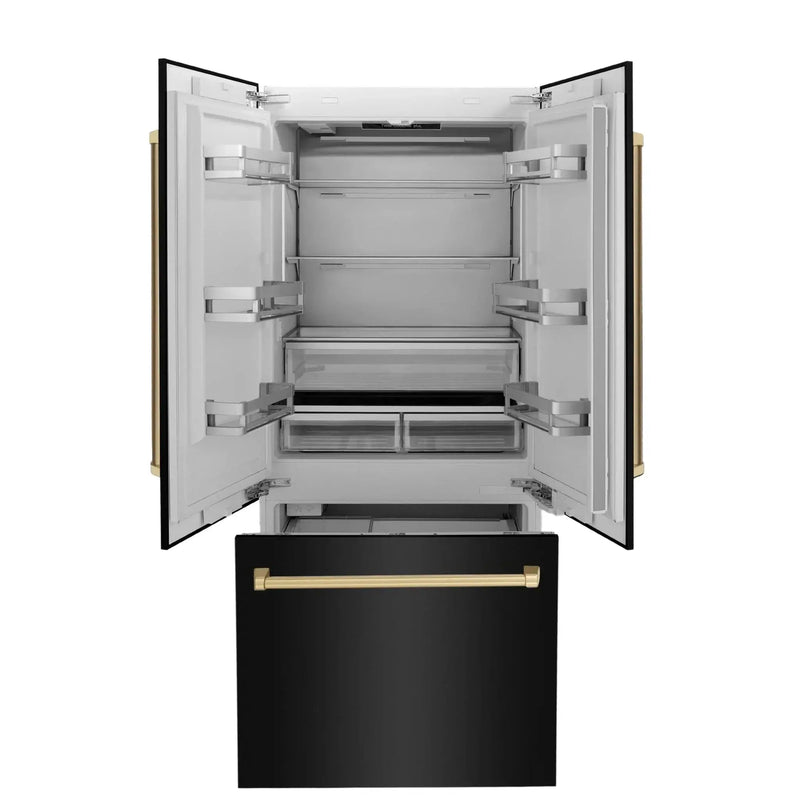 ZLINE 36" Autograph 19.6 cu. ft. 3-Door French Door Fridge Water/Ice Dispenser Black Stainless Steel Champagne Bronze Accents RBIVZ-BS-36-CB by Farmhouse Kitchen and Bath