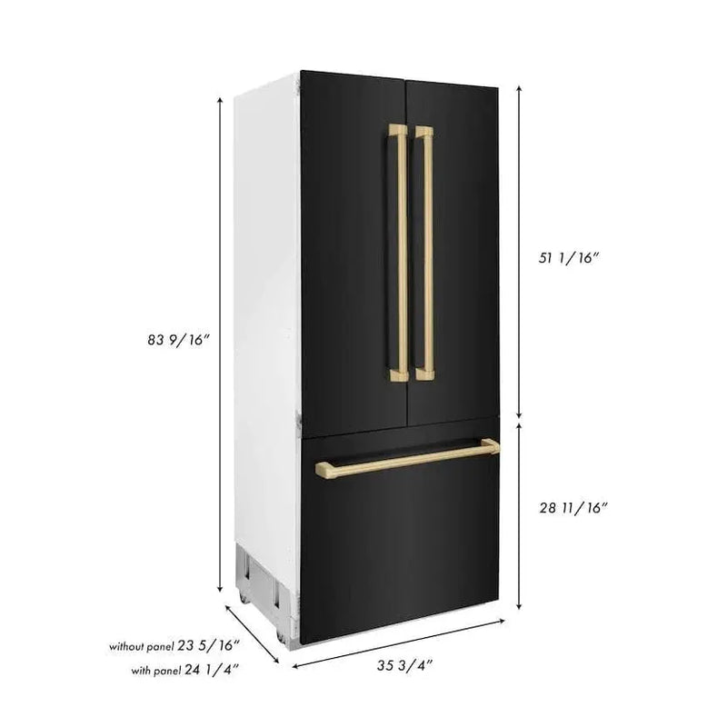 ZLINE 36" Autograph 19.6 cu. ft. 3-Door French Door Fridge Water/Ice Dispenser Black Stainless Steel Champagne Bronze Accents RBIVZ-BS-36-CB by Farmhouse Kitchen and Bath