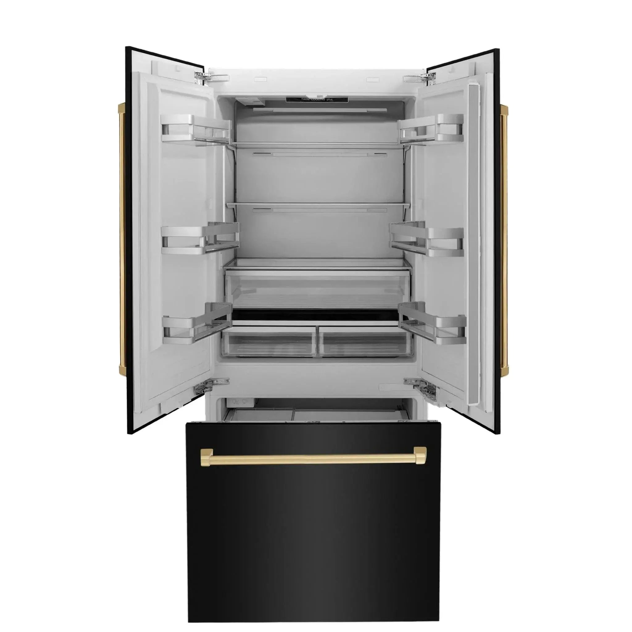 ZLINE 36" Autograph 19.6 cu. ft. 3-Door French Door Fridge Water/Ice Dispenser Black Stainless Steel Gold Accents RBIVZ-BS-36-G by Farmhouse Kitchen and Bath