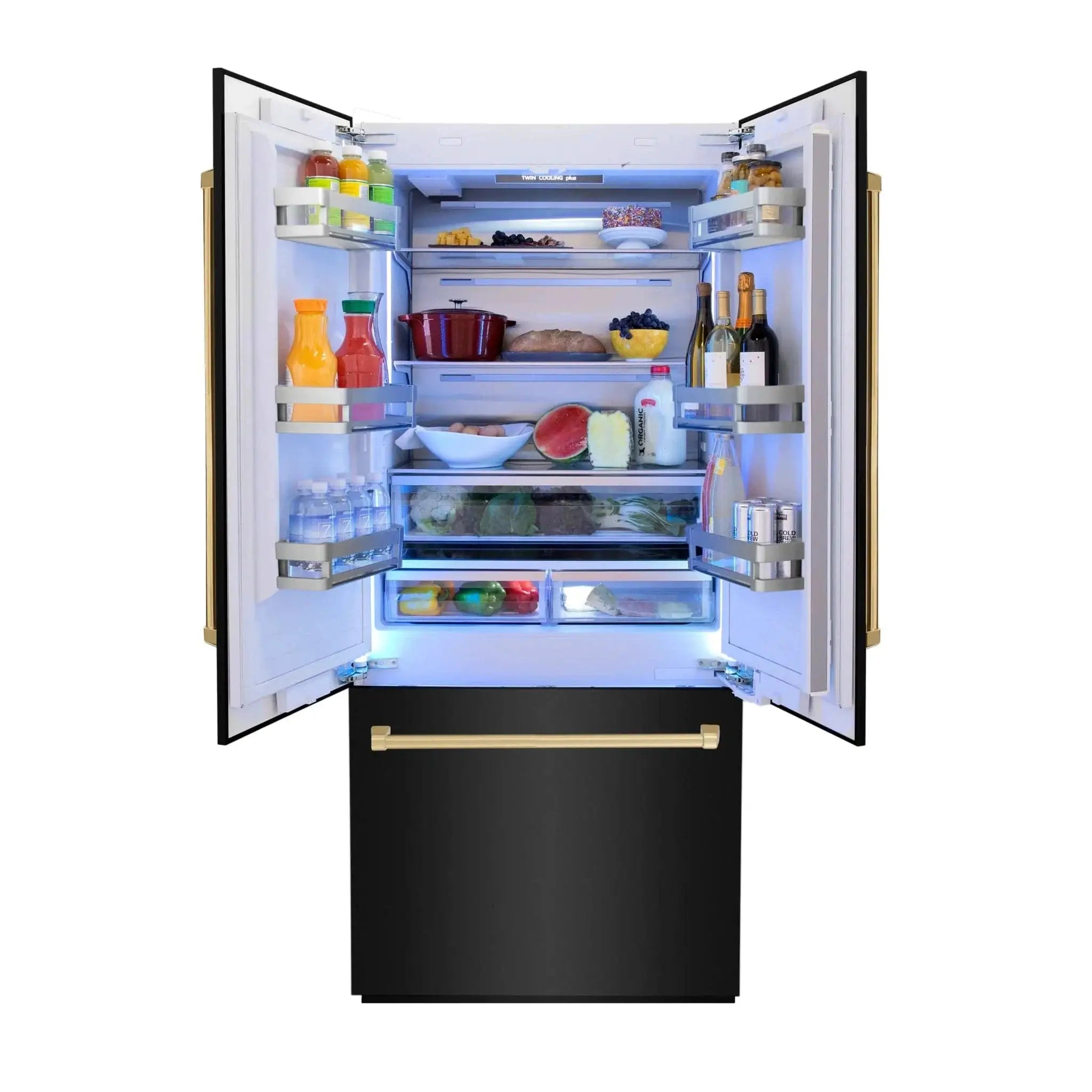 ZLINE 36" Autograph 19.6 cu. ft. 3-Door French Door Fridge Water/Ice Dispenser Black Stainless Steel Gold Accents RBIVZ-BS-36-G by Farmhouse Kitchen and Bath
