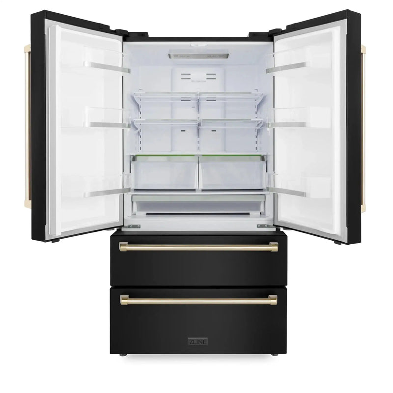ZLINE 36" Autograph 22.5 cu. Ft French Door Refrigerator with Ice Maker Black Stainless Steel with Gold Accents RFMZ-36-BS-G by Farmhouse Kitchen and Bath