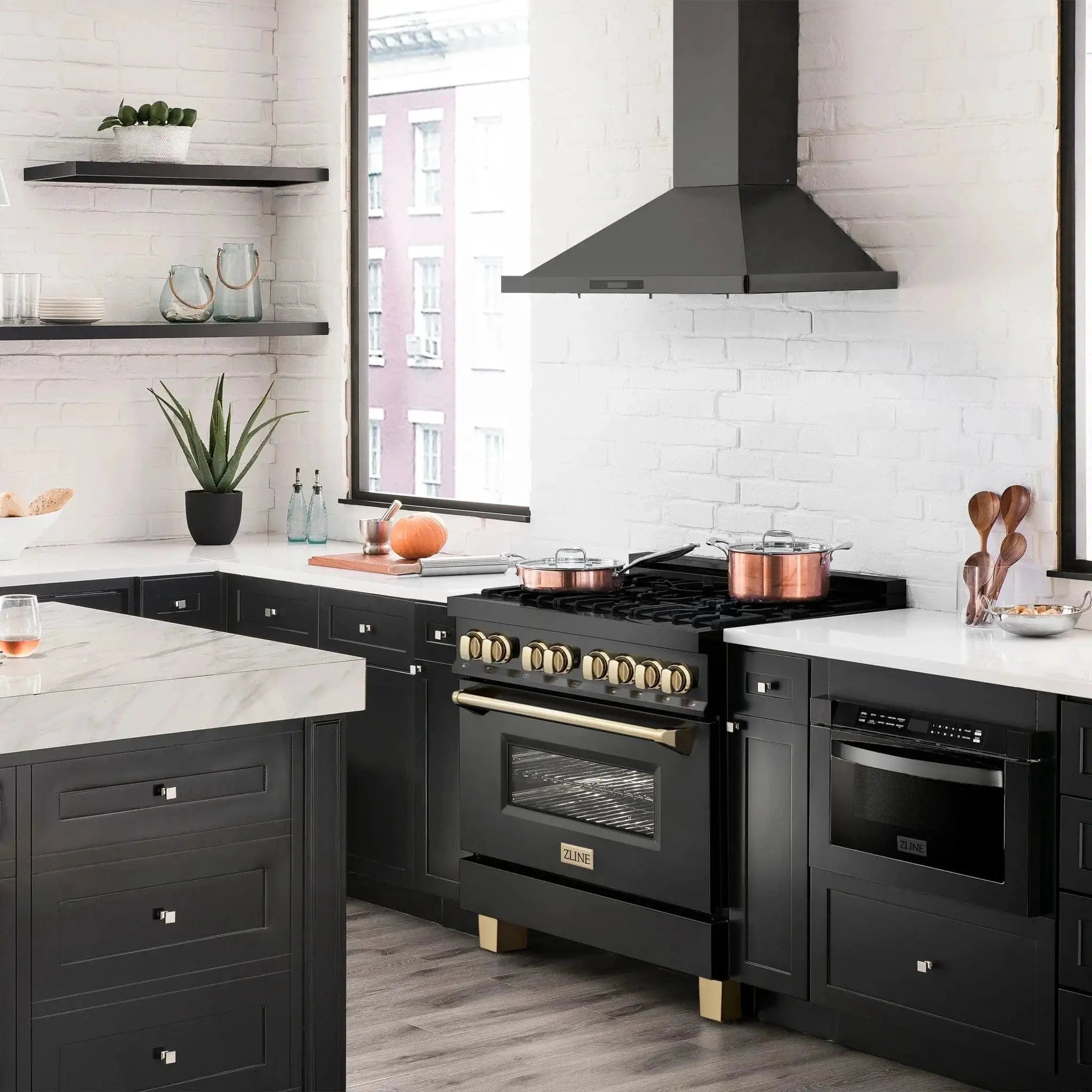 ZLINE 36" Autograph Dual Fuel Range, Black Stainless, Gold, RABZ-36-G by Farmhouse Kitchen and Bath
