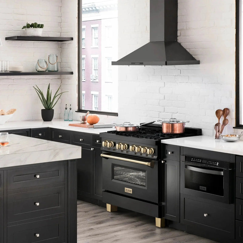 ZLINE 36" Autograph Dual Fuel Range, Black Stainless, Gold, RABZ-36-G by Farmhouse Kitchen and Bath