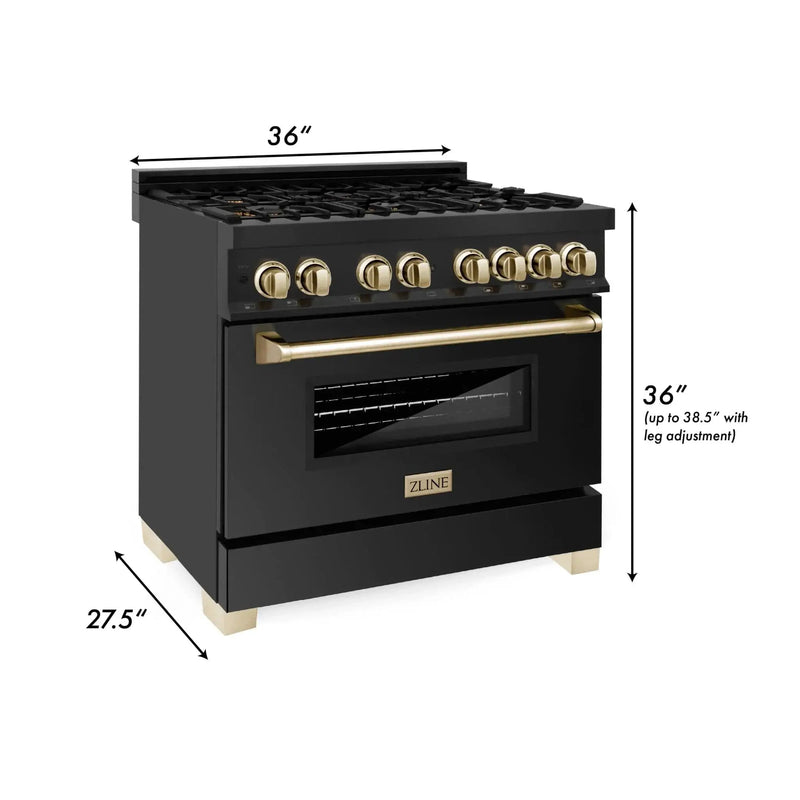ZLINE 36" Autograph Dual Fuel Range, Black Stainless, Gold, RABZ-36-G by Farmhouse Kitchen and Bath