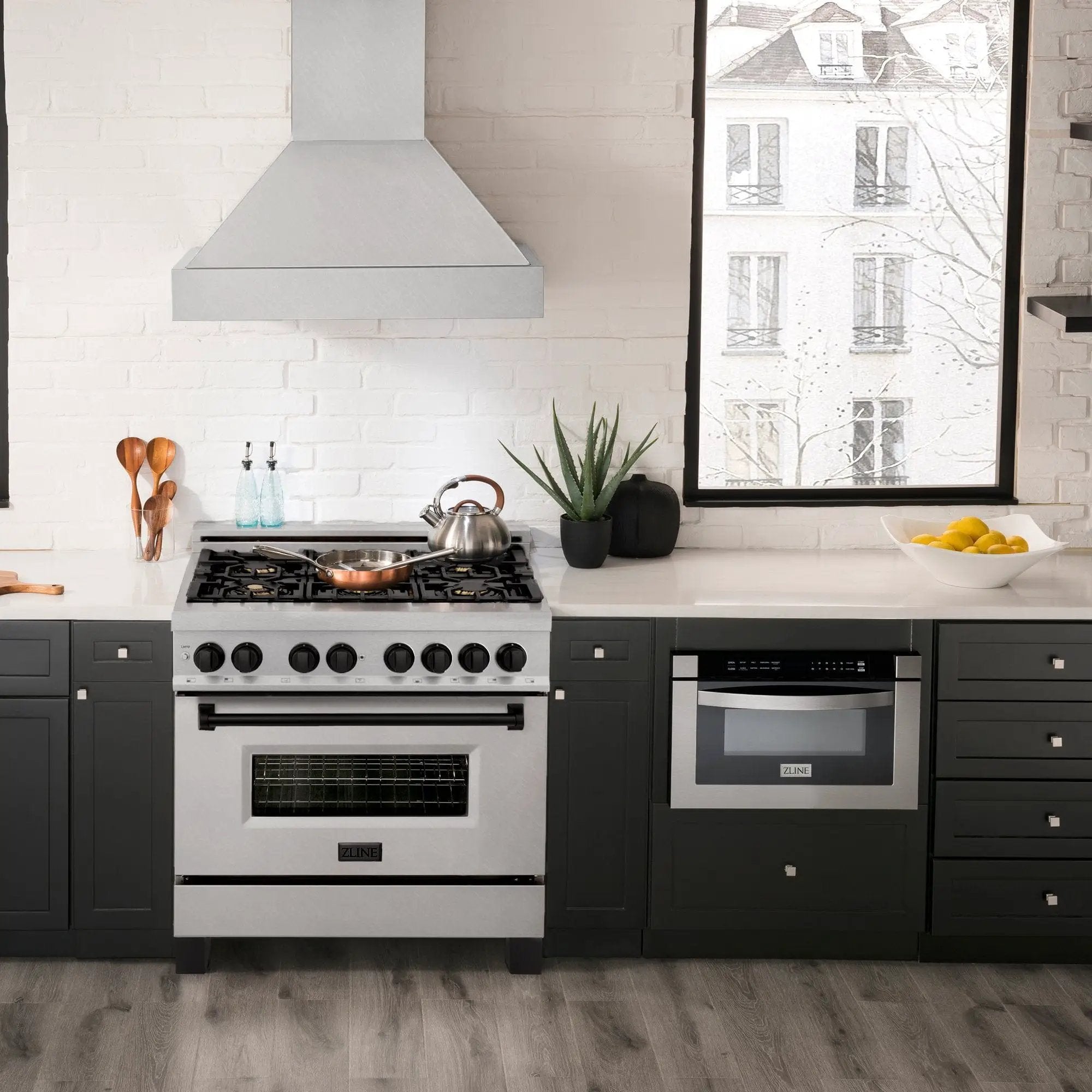 ZLINE 36" Autograph Dual Fuel Range, DuraSnow, Black, RASZ-SN-36-MB by Farmhouse Kitchen and Bath