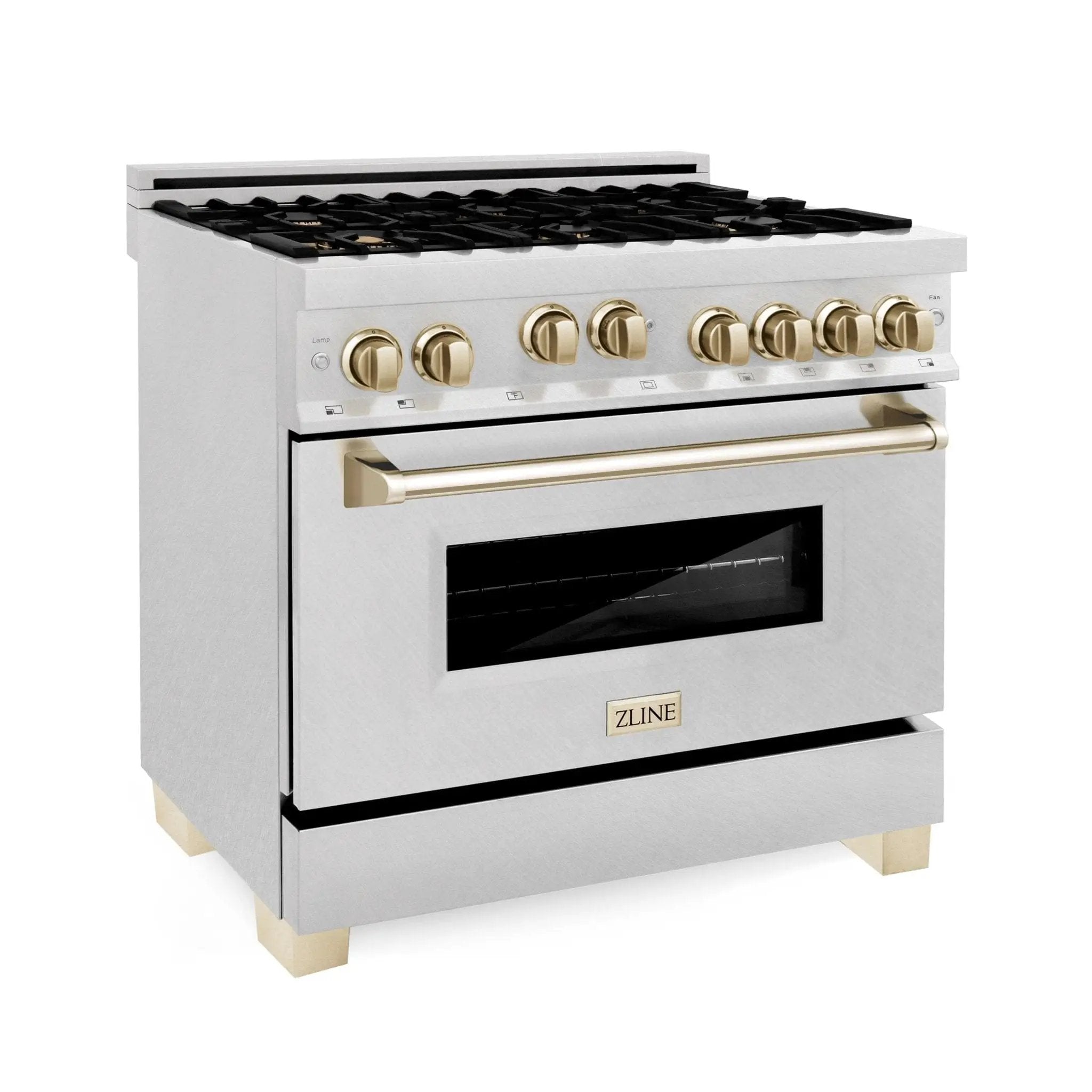 ZLINE 36" Autograph Dual Fuel Range, DuraSnow, Gold, RASZ-SN-36-G by Farmhouse Kitchen and Bath
