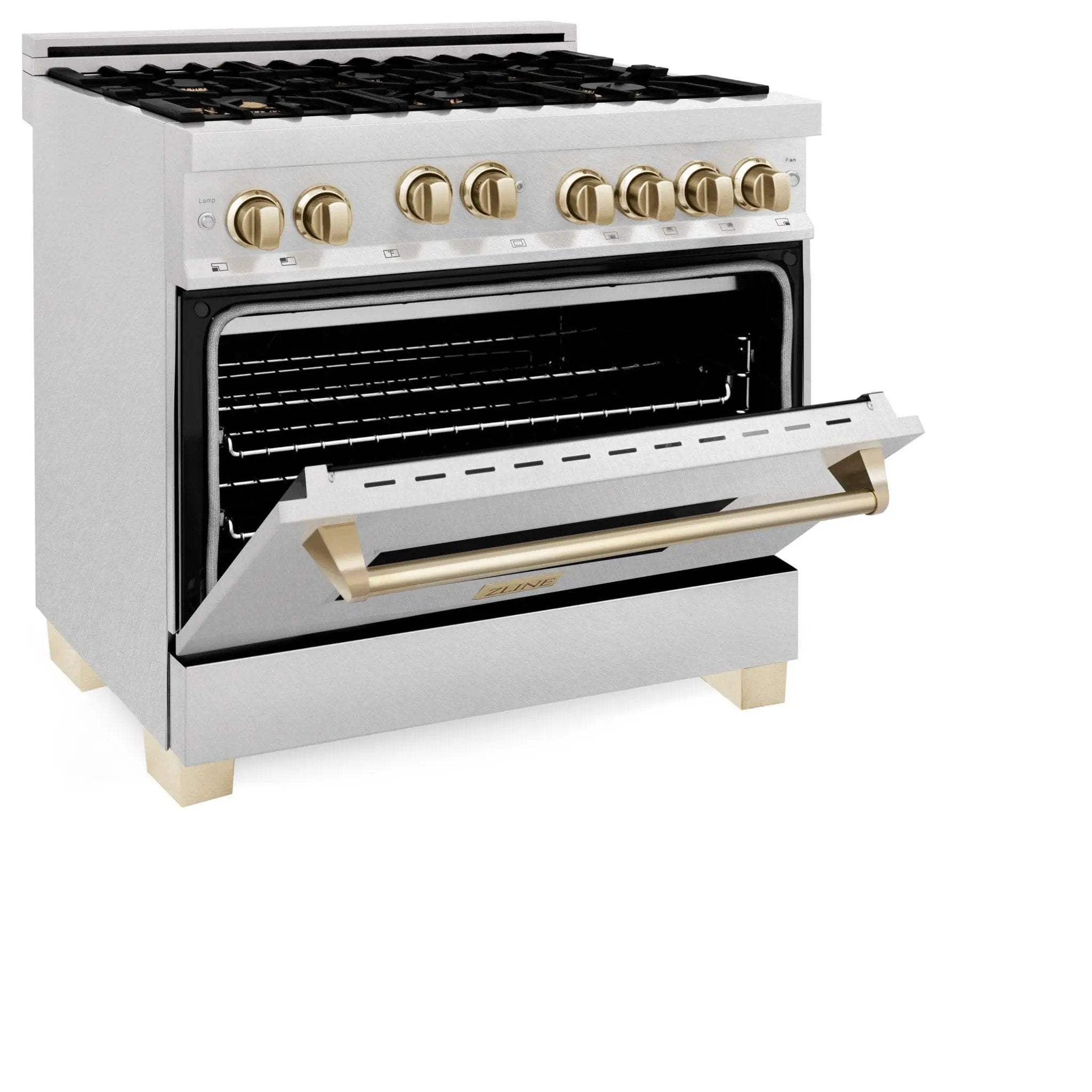 ZLINE 36" Autograph Dual Fuel Range, DuraSnow, Gold, RASZ-SN-36-G by Farmhouse Kitchen and Bath