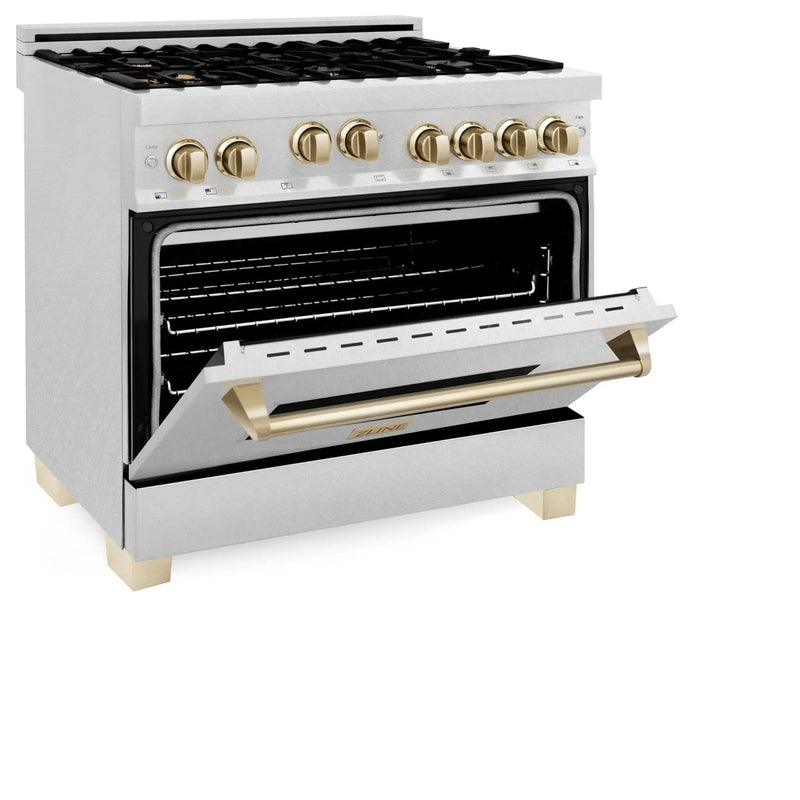 ZLINE 36" Autograph Dual Fuel Range, DuraSnow, Gold, RASZ-SN-36-G by Farmhouse Kitchen and Bath