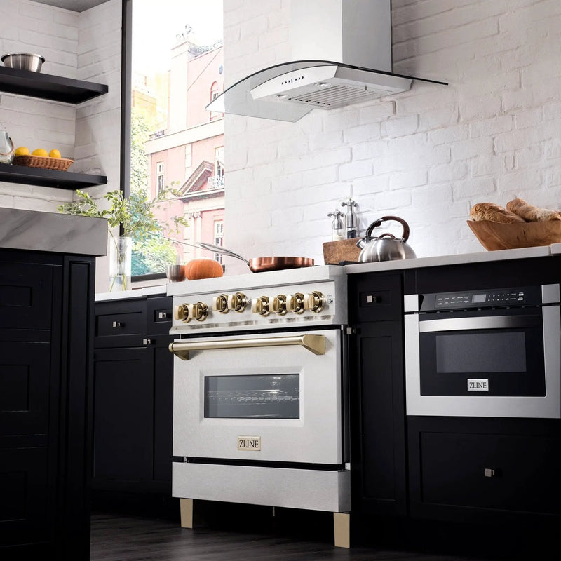 ZLINE 36" Autograph Dual Fuel Range, DuraSnow, Gold, RASZ-SN-36-G by Farmhouse Kitchen and Bath