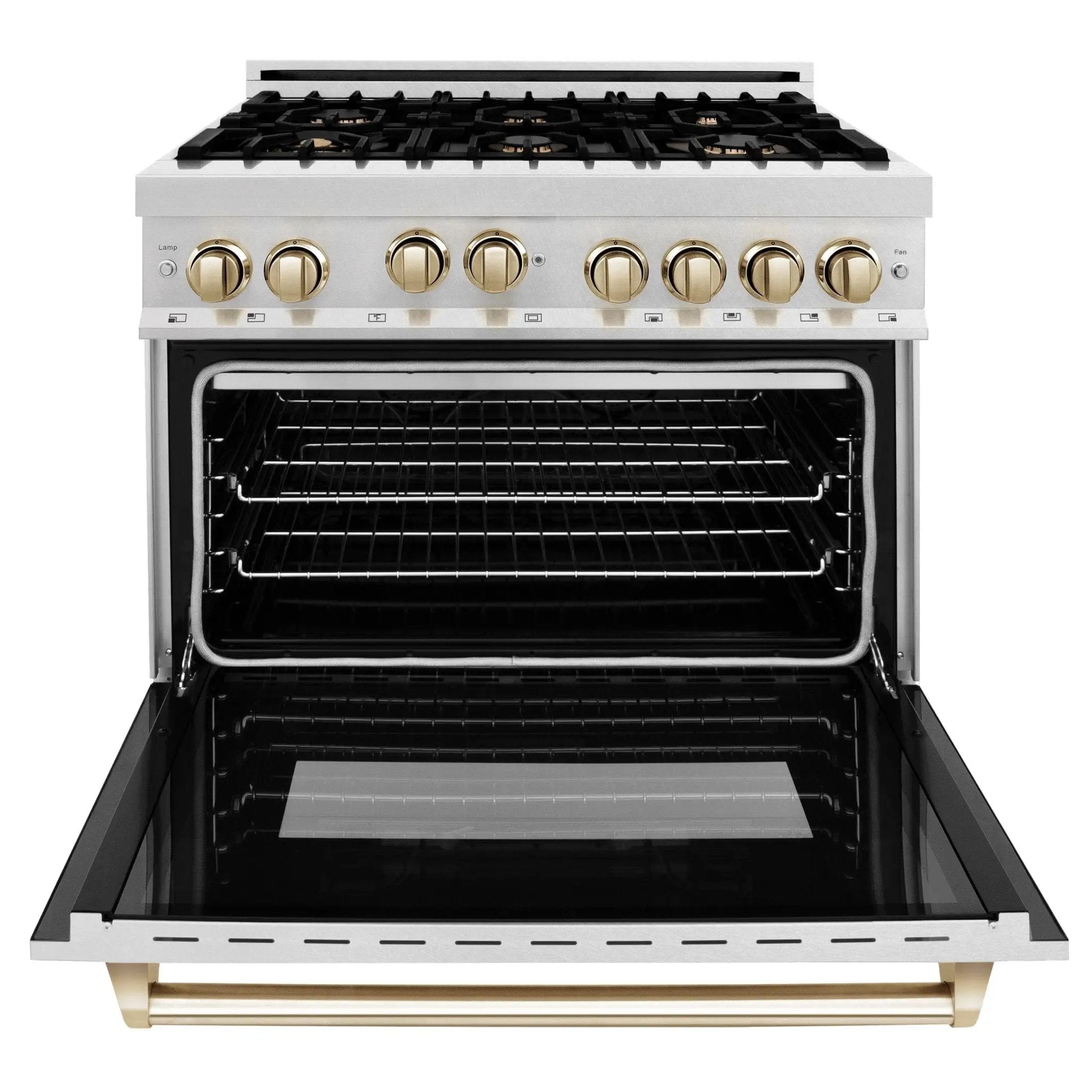 ZLINE 36" Autograph Dual Fuel Range, DuraSnow, Gold, RASZ-SN-36-G by Farmhouse Kitchen and Bath