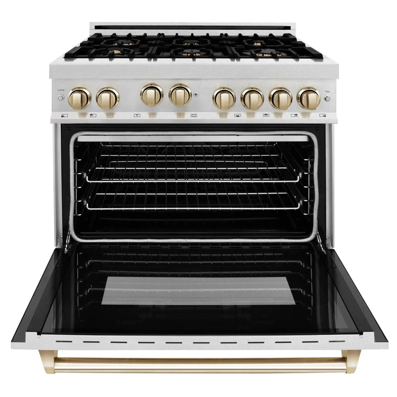 ZLINE 36" Autograph Dual Fuel Range, DuraSnow, Gold, RASZ-SN-36-G by Farmhouse Kitchen and Bath