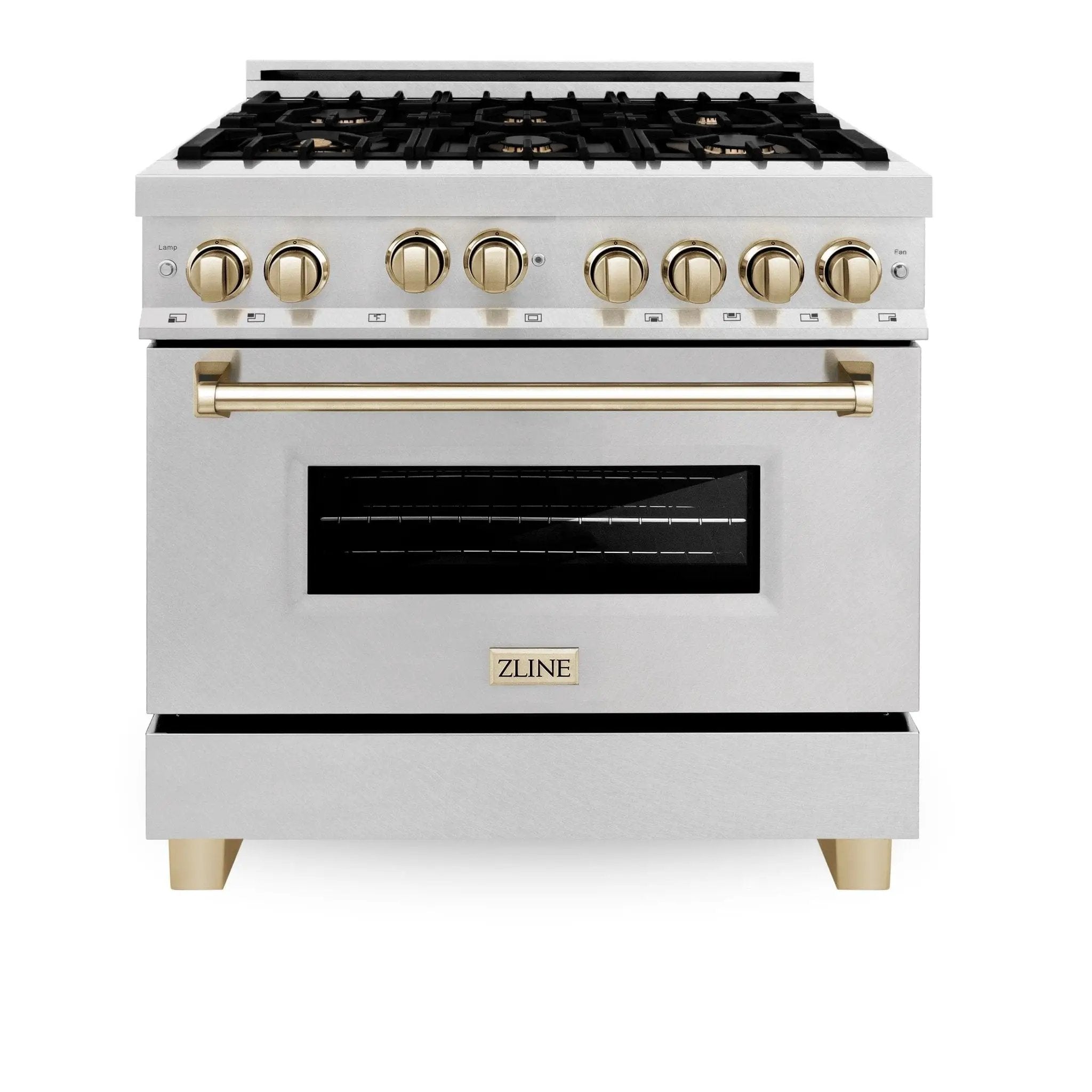 ZLINE 36" Autograph Dual Fuel Range, DuraSnow, Gold, RASZ-SN-36-G by Farmhouse Kitchen and Bath