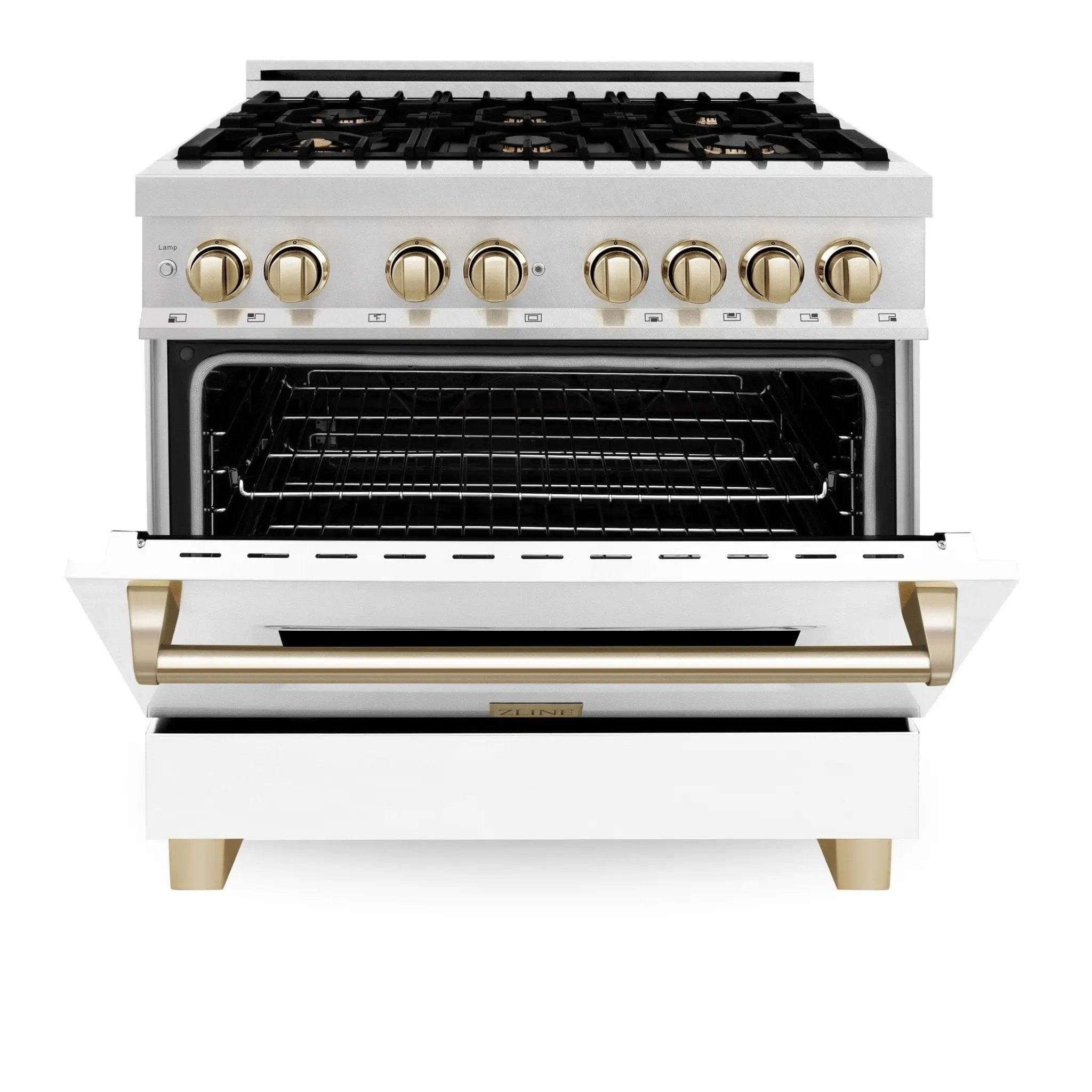 ZLINE 36" Autograph Dual Fuel Range, DuraSnow, White door, RASZ-WM-36-CB by Farmhouse Kitchen and Bath