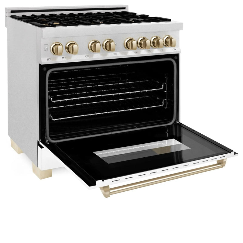 ZLINE 36" Autograph Dual Fuel Range, DuraSnow, White,Gold,RASZ-WM-36-G by Farmhouse Kitchen and Bath