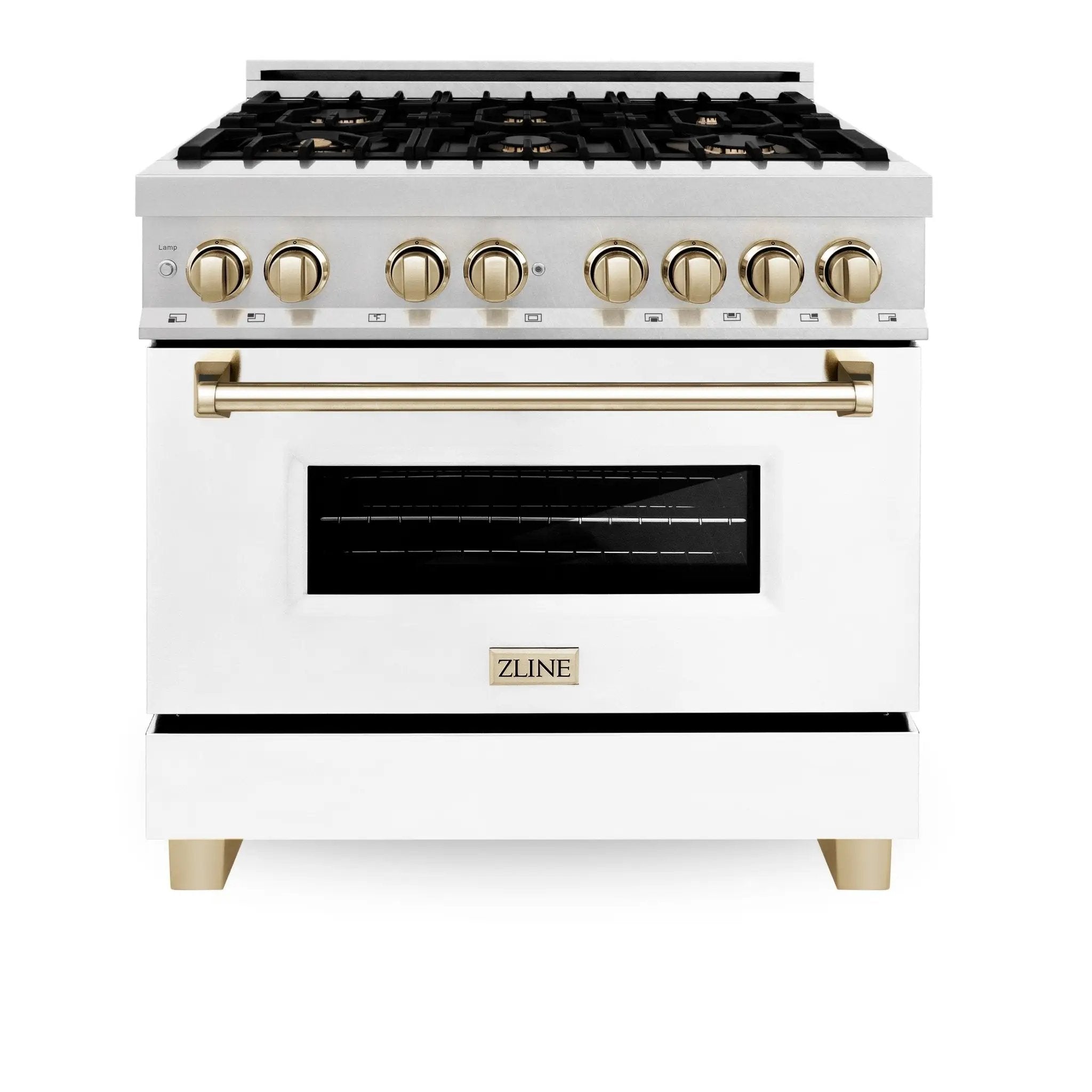 ZLINE 36" Autograph Dual Fuel Range, DuraSnow, White,Gold,RASZ-WM-36-G by Farmhouse Kitchen and Bath