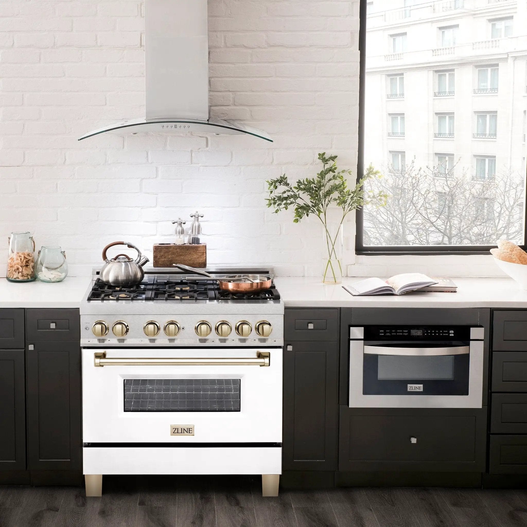 ZLINE 36" Autograph Dual Fuel Range, DuraSnow, White,Gold,RASZ-WM-36-G by Farmhouse Kitchen and Bath
