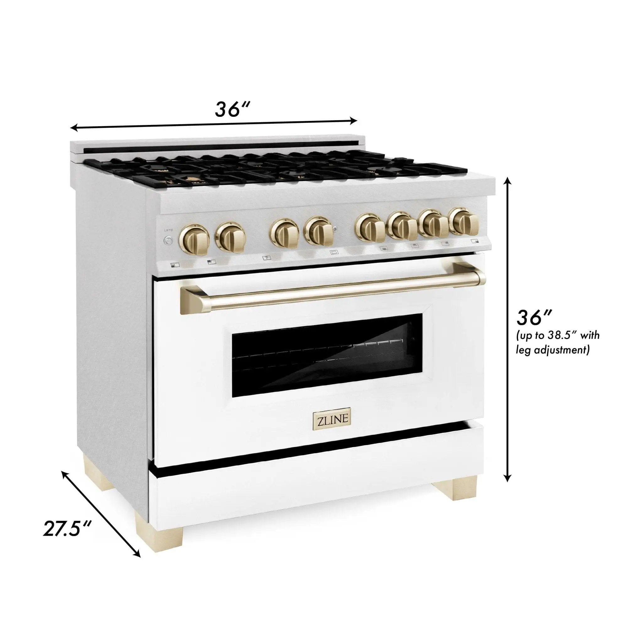 ZLINE 36" Autograph Dual Fuel Range, DuraSnow, White,Gold,RASZ-WM-36-G by Farmhouse Kitchen and Bath