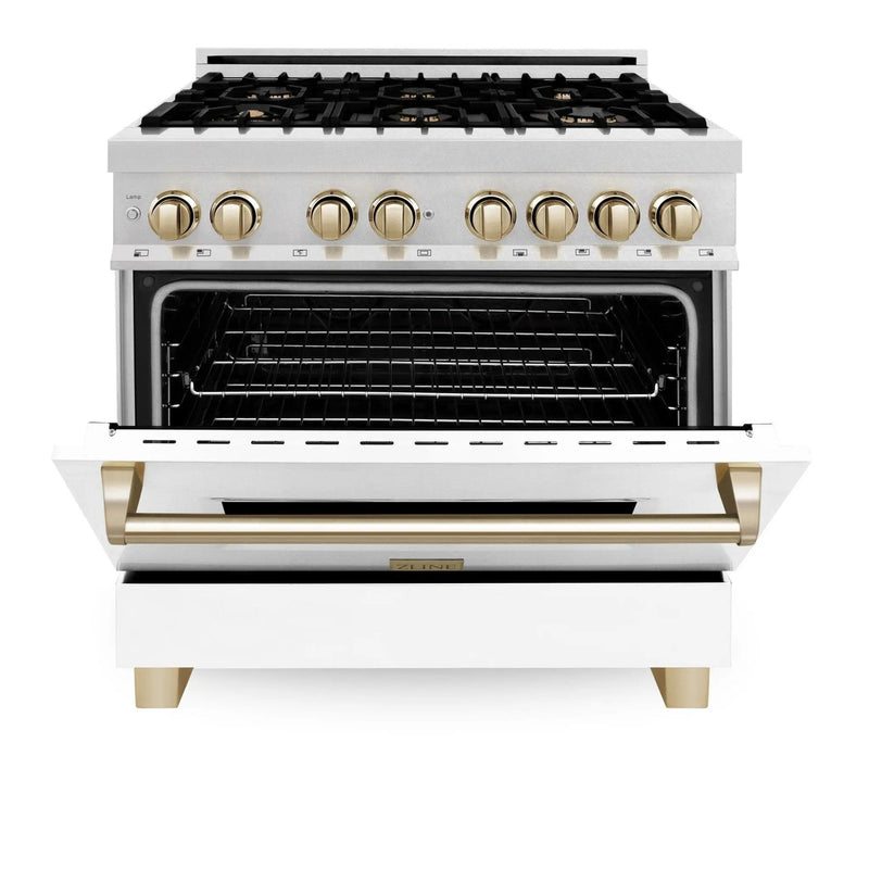 ZLINE 36" Autograph Dual Fuel Range, DuraSnow, White,Gold,RASZ-WM-36-G by Farmhouse Kitchen and Bath