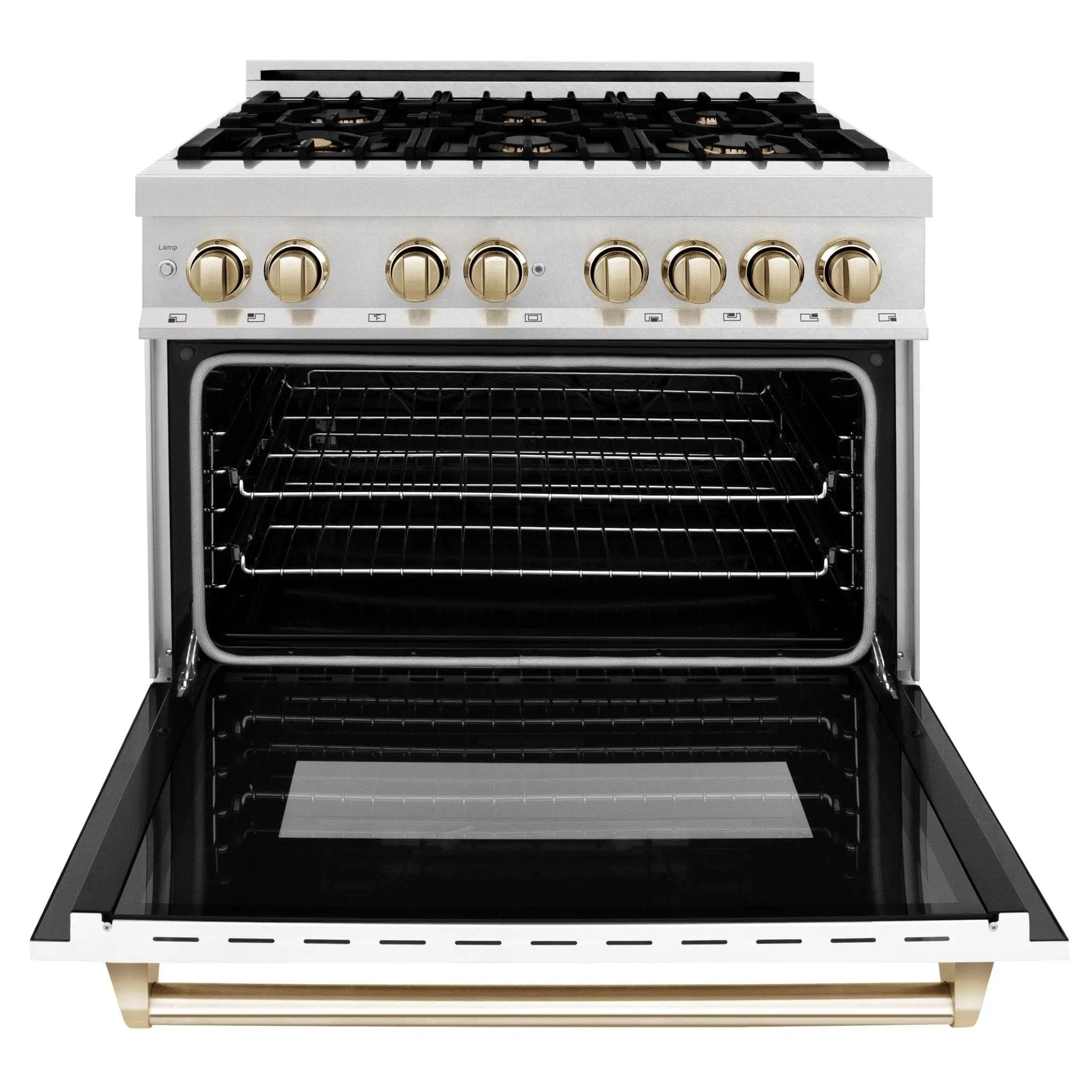 ZLINE 36" Autograph Dual Fuel Range, DuraSnow, White,Gold,RASZ-WM-36-G by Farmhouse Kitchen and Bath