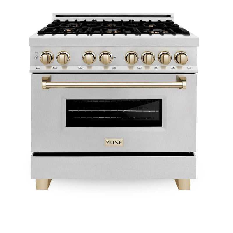 ZLINE 36" Autograph Dual Fuel Range, DuraSnow,Champagne, RASZ-SN-36-CB by Farmhouse Kitchen and Bath