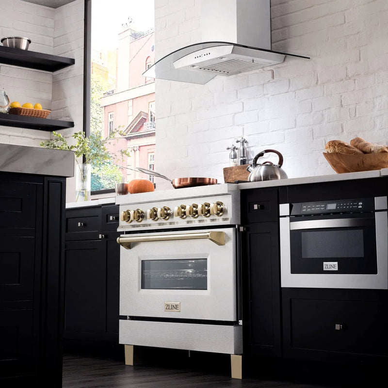 ZLINE 36" Autograph Dual Fuel Range, DuraSnow,Champagne, RASZ-SN-36-CB by Farmhouse Kitchen and Bath