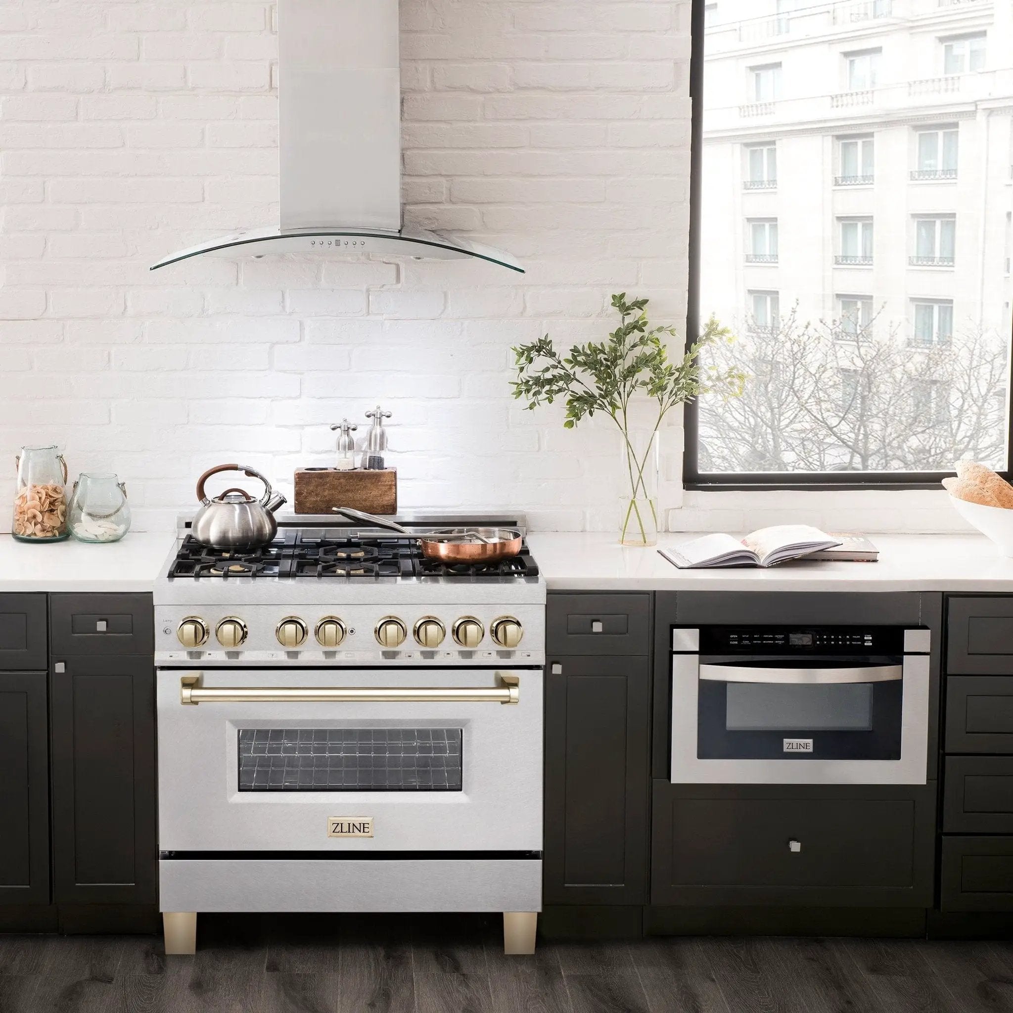 ZLINE 36" Autograph Dual Fuel Range, DuraSnow,Champagne, RASZ-SN-36-CB by Farmhouse Kitchen and Bath