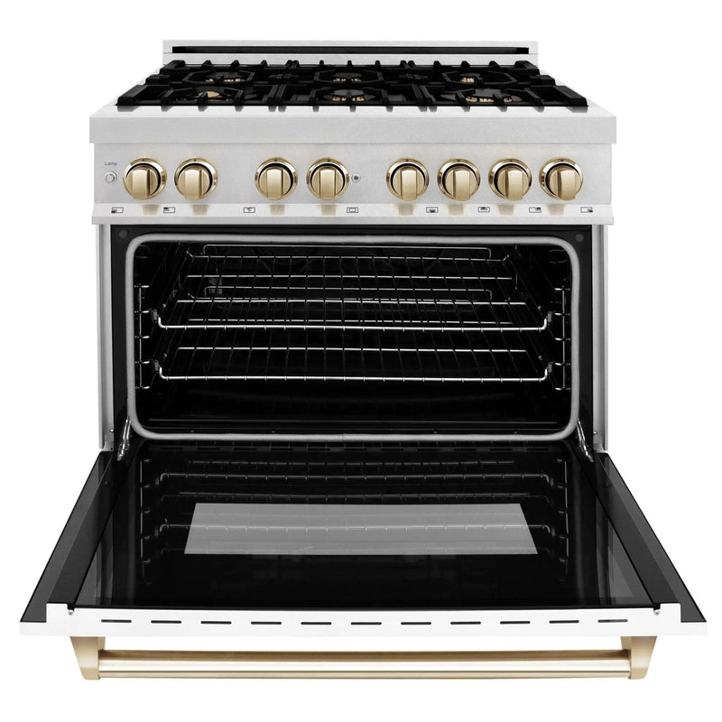 ZLINE 36" Autograph Dual Fuel Range, White, Champaign Accents, RAZ-WM-36-CB by Farmhouse Kitchen and Bath