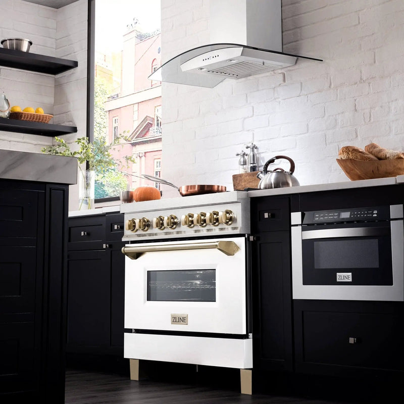 ZLINE 36" Autograph Dual Fuel Range, White, Champaign Accents, RAZ-WM-36-CB by Farmhouse Kitchen and Bath