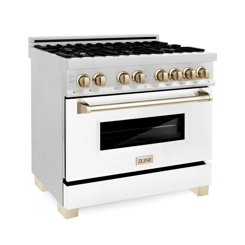 ZLINE 36" Autograph Dual Fuel Range, White, Champaign Accents, RAZ-WM-36-CB by Farmhouse Kitchen and Bath