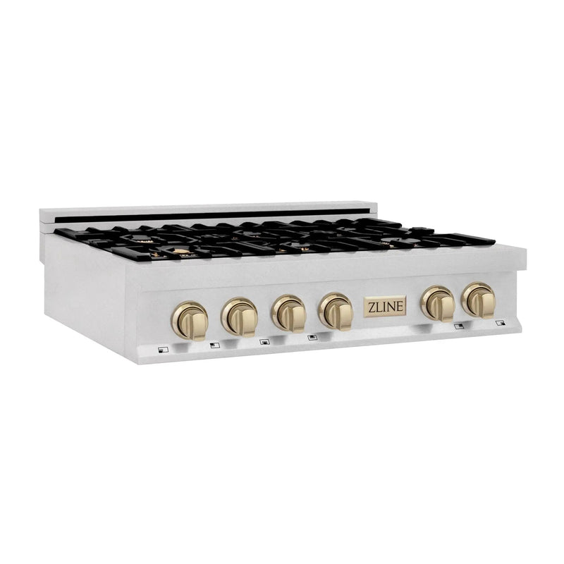 ZLINE 36" Autograph Edition Rangetop, DuraSnow, Gold Accent, RTSZ-36-G by Farmhouse Kitchen and Bath